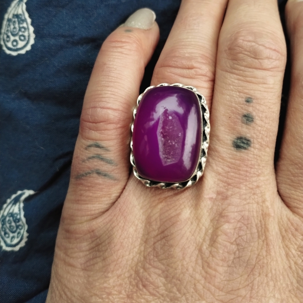 SILVER (925) PURPLE GEODE CRYSTAL RING 8